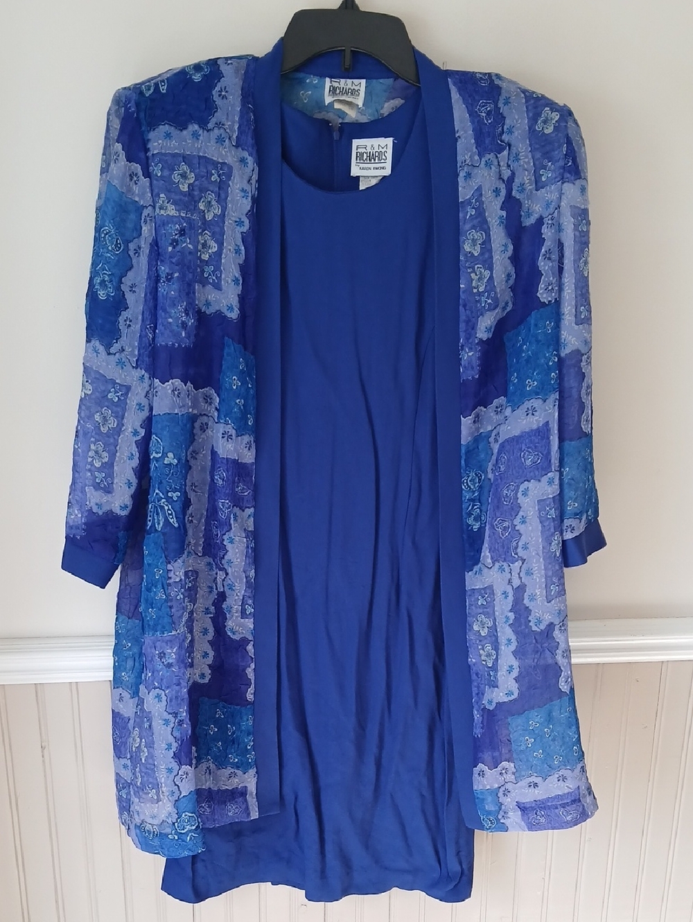 R&M Richards Patchwork Print Jacket with Solid Color Dress